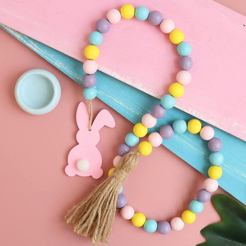 RAMIRABI Easter Wood Bead Garland with Tassels and Bunny Tag,Farmhouse Beads Rustic Country Decor Prayer Boho Beads for Tiered Tray Decorations (Pink Bunny) Home & Garden > Decor > Seasonal & Holiday Decorations RAMIRABI   