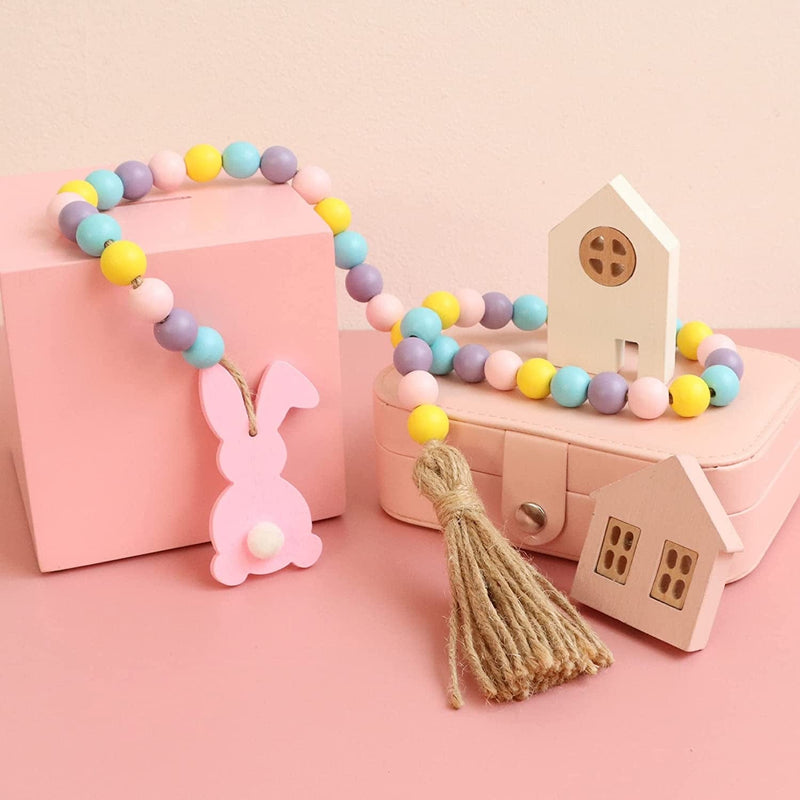 RAMIRABI Easter Wood Bead Garland with Tassels and Bunny Tag,Farmhouse Beads Rustic Country Decor Prayer Boho Beads for Tiered Tray Decorations (Pink Bunny)