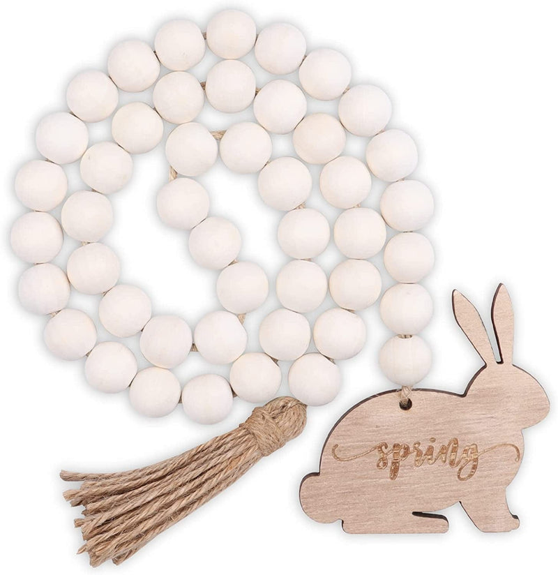 RAMIRABI Easter Wood Bead Garland with Tassels and Bunny Tag,Farmhouse Beads Rustic Country Decor Prayer Boho Beads for Tiered Tray Decorations (Pink Bunny)