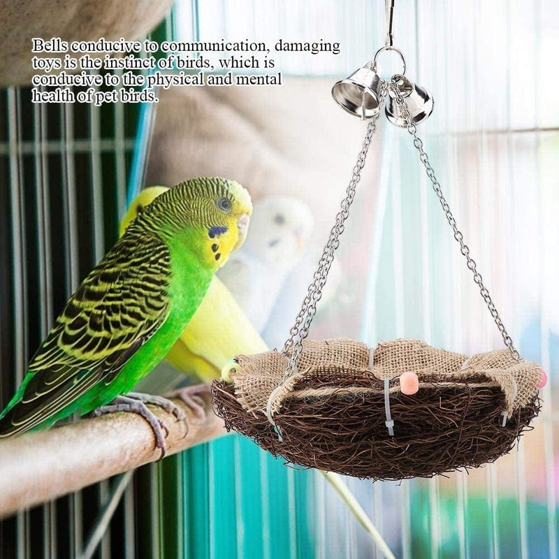 Rattan Birds Nest Toys, Parrot Hanging Swing Nest with Bells Bird Cage Accessories for Cockatoo Macaw African Grey Budgie Parakeet Cockatiel Lovebird Finch