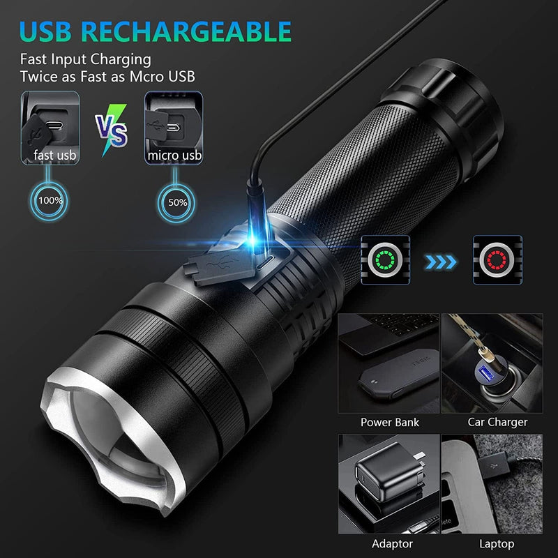 Rechargeable Flashlights High Lumens, 2 Pack 120000 Lumen Super Bright LED Flashlight, Powerful Handheld Flashlights with ΒATTERY & USB Cable, Waterproof Flashlight with 4 Modes & Zoomable for Camping