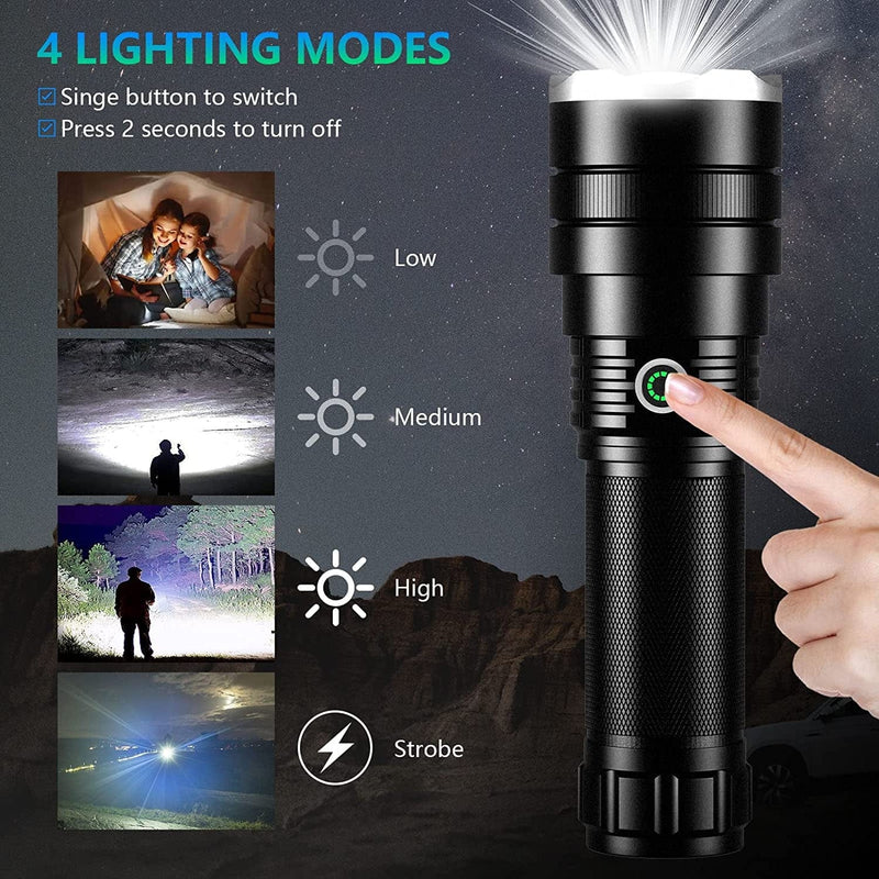 Rechargeable Flashlights High Lumens, 2 Pack 120000 Lumen Super Bright LED Flashlight, Powerful Handheld Flashlights with ΒATTERY & USB Cable, Waterproof Flashlight with 4 Modes & Zoomable for Camping Hardware > Tools > Flashlights & Headlamps > Flashlights BERCOL   