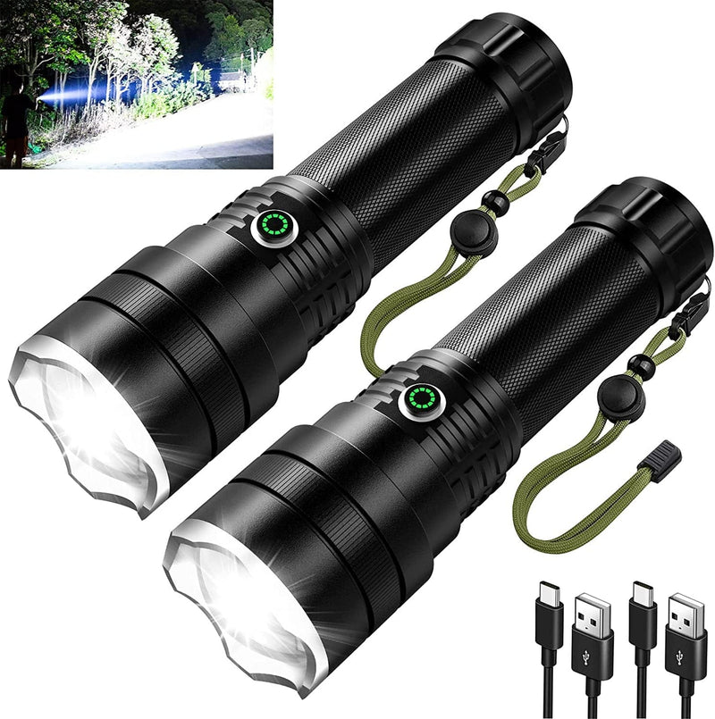 Rechargeable Flashlights High Lumens, 2 Pack 120000 Lumen Super Bright LED Flashlight, Powerful Handheld Flashlights with ΒATTERY & USB Cable, Waterproof Flashlight with 4 Modes & Zoomable for Camping