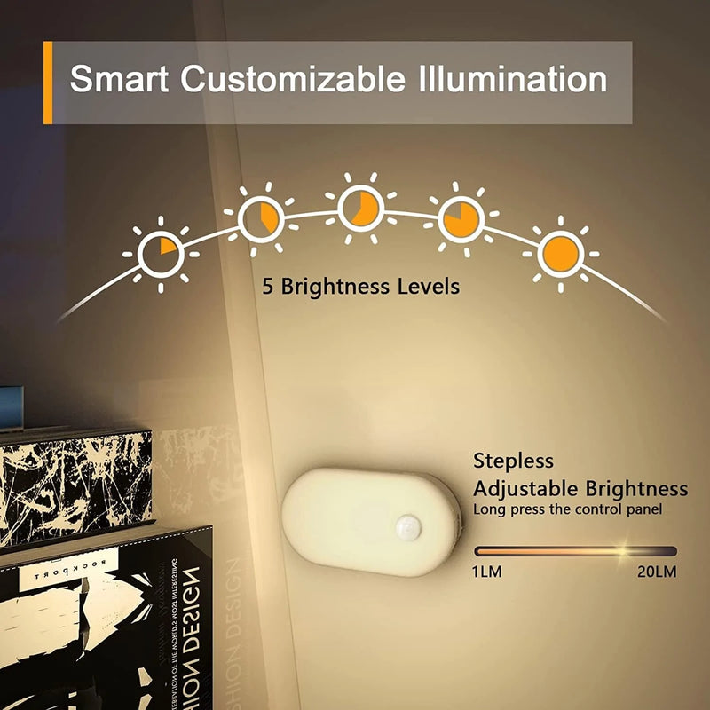 Rechargeable Night Light, LYRIDZ Stick on Anywhere Motion Sensor Nightlight Warm White 1-20LM LED Light with Dusk to Dawn, Stepless Adjustable Brightness for Bedroom, Kitchen, Stairs, Hallway, 4-Pack