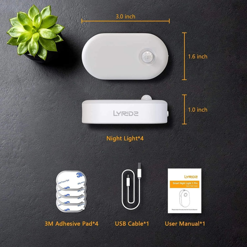 Rechargeable Night Light, LYRIDZ Stick on Anywhere Motion Sensor Nightlight Warm White 1-20LM LED Light with Dusk to Dawn, Stepless Adjustable Brightness for Bedroom, Kitchen, Stairs, Hallway, 4-Pack