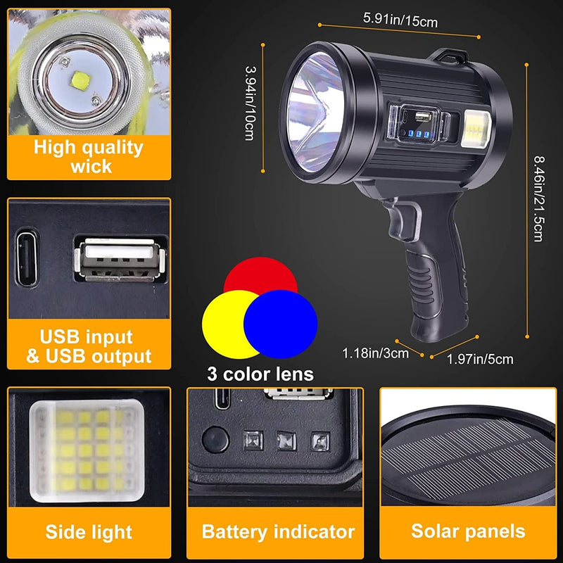 Rechargeable Spotlight Flashlights 90000 High Lumens, Super Bright Solar Spot Light with 6 Modes, 4 Color Light, IPX6 Waterproof Flashlight, Large Searchlight for Camping, Boating, Hiking, Fishing