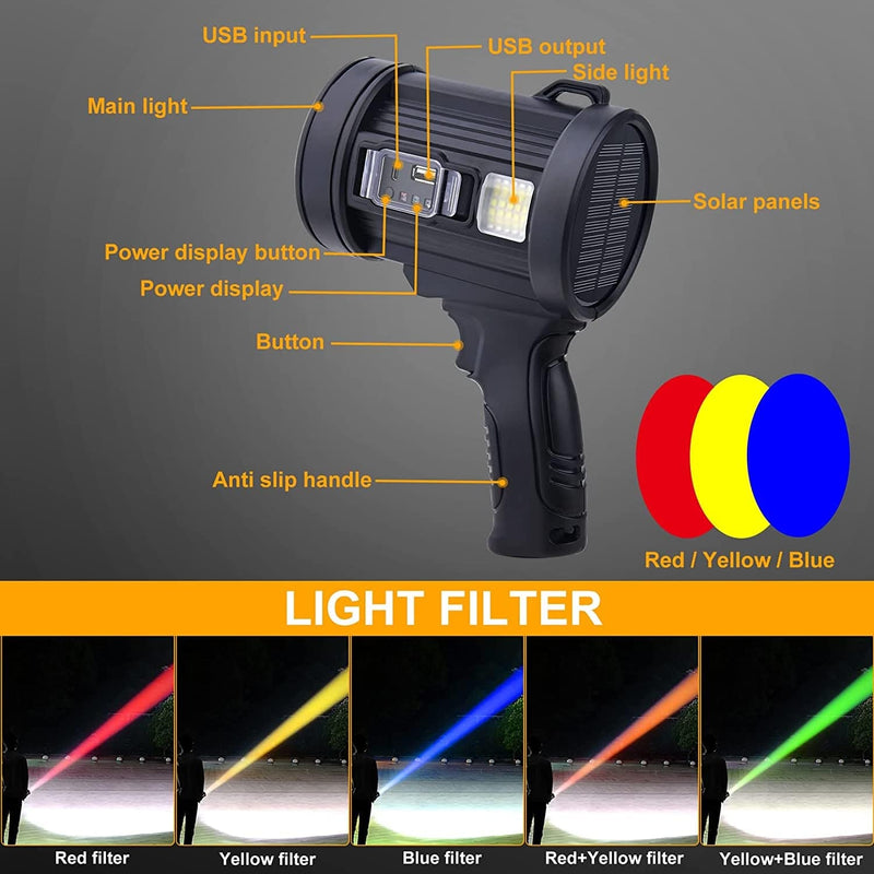 Rechargeable Spotlight Flashlights 90000 High Lumens, Super Bright Solar Spot Light with 6 Modes, 4 Color Light, IPX6 Waterproof Flashlight, Large Searchlight for Camping, Boating, Hiking, Fishing Home & Garden > Lighting > Flood & Spot Lights Nextood-factory   