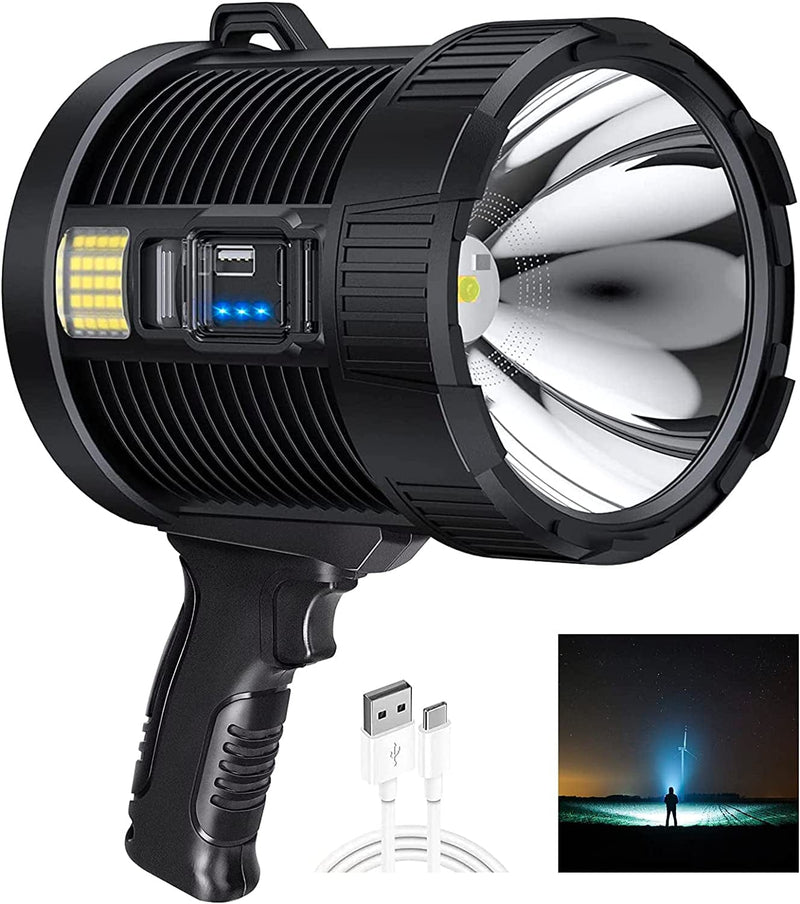 Rechargeable Spotlight Led Flashlights 100000 Lumens Handheld Large Spot Lights , Super Bright Outdoor Solar Searchlight with 6 Modes, Cob Light, IPX5 Waterproof for Hunting, Boating, Camping Home & Garden > Lighting > Flood & Spot Lights Baza Grny Medium  