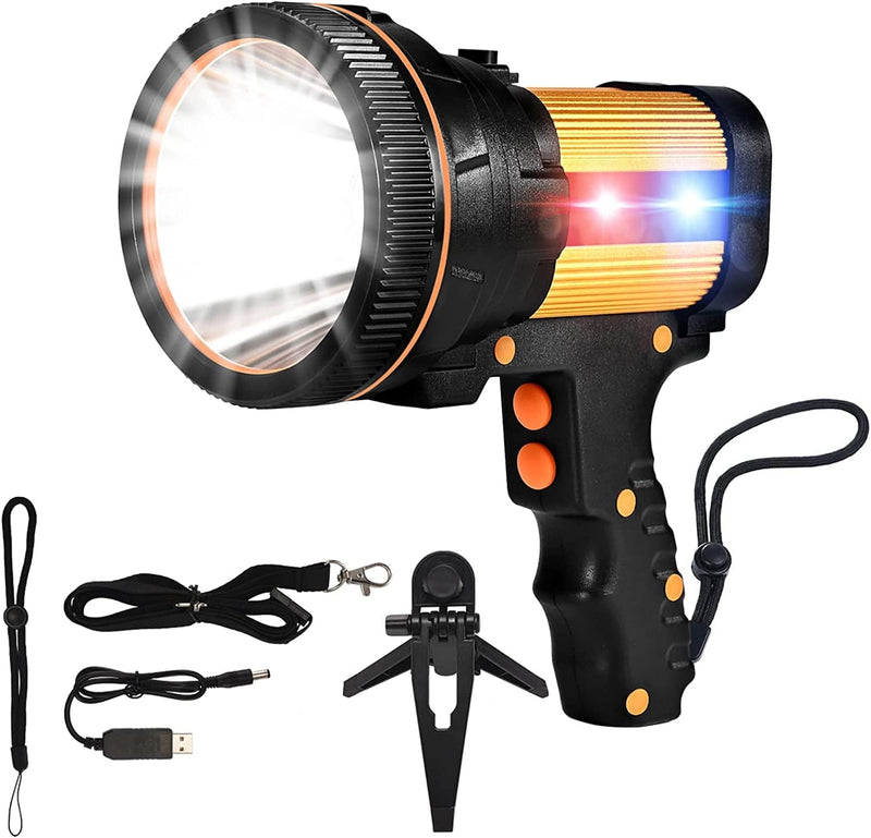Rechargeable Spotlight,Super Bright LED Searchlight Handheld,And Flood Camping Spotlight with Foldable Tripod with USB Output Function IPX4 Waterproof (Golden)