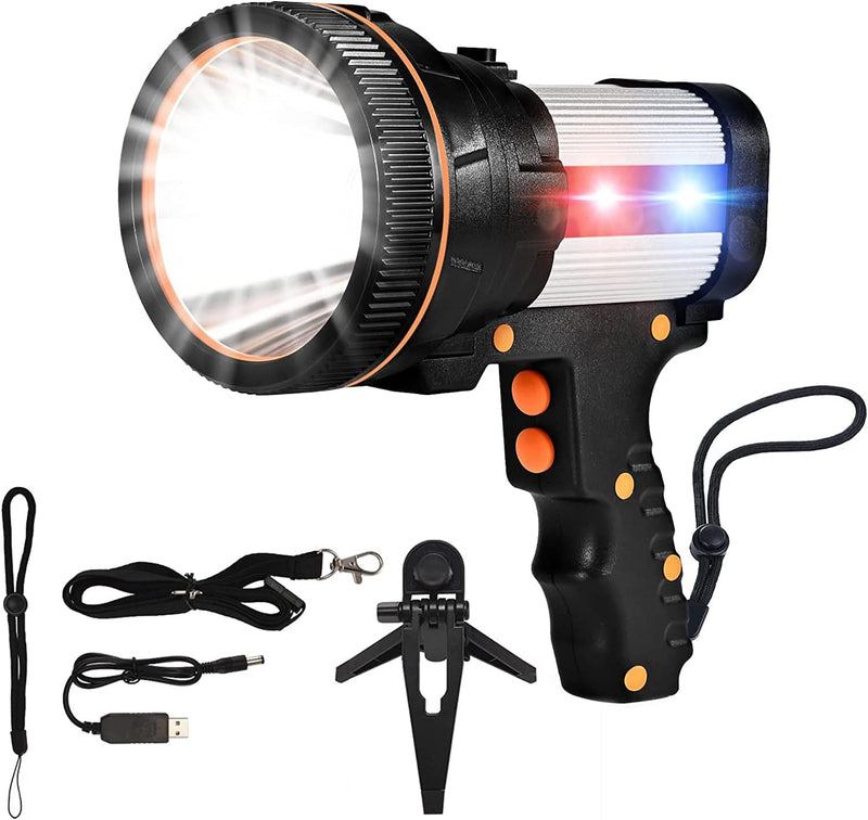 Rechargeable Spotlight,Super Bright LED Searchlight Handheld,And Flood Camping Spotlight with Foldable Tripod with USB Output Function IPX4 Waterproof (Golden)