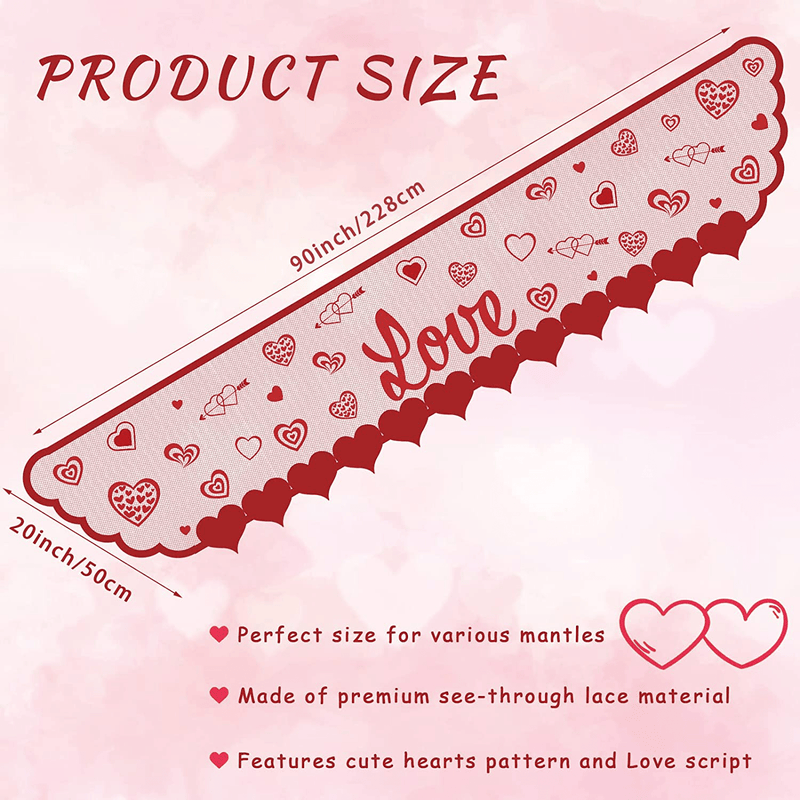 Red Color Heart Mantle Scarf 90 X 20 Inch Fireplace Love Decoration Lace Mantel Cover Runner for Home Living Room Decoration Romantic Indoor for Valentines Day, Wedding, Anniversary, Mother'S Day Home & Garden > Decor > Seasonal & Holiday Decorations Tatuo   