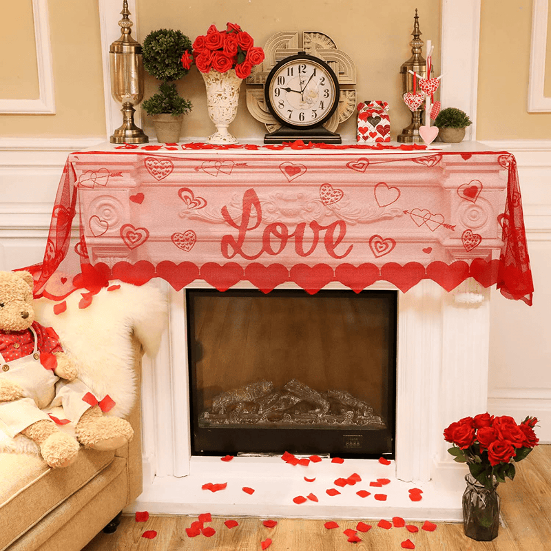 Red Color Heart Mantle Scarf 90 X 20 Inch Fireplace Love Decoration Lace Mantel Cover Runner for Home Living Room Decoration Romantic Indoor for Valentines Day, Wedding, Anniversary, Mother'S Day Home & Garden > Decor > Seasonal & Holiday Decorations Tatuo   