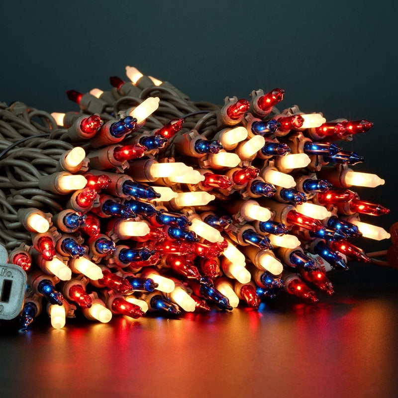Red White & Blue String Lights with Brown Wire, 66 Ft 200 Count UL Certified Christmas Lights, Pack of 2 Sets 33 Ft 100 Mini Light Set for Independence Day Patriotic Holidays (Red White & Blue)
