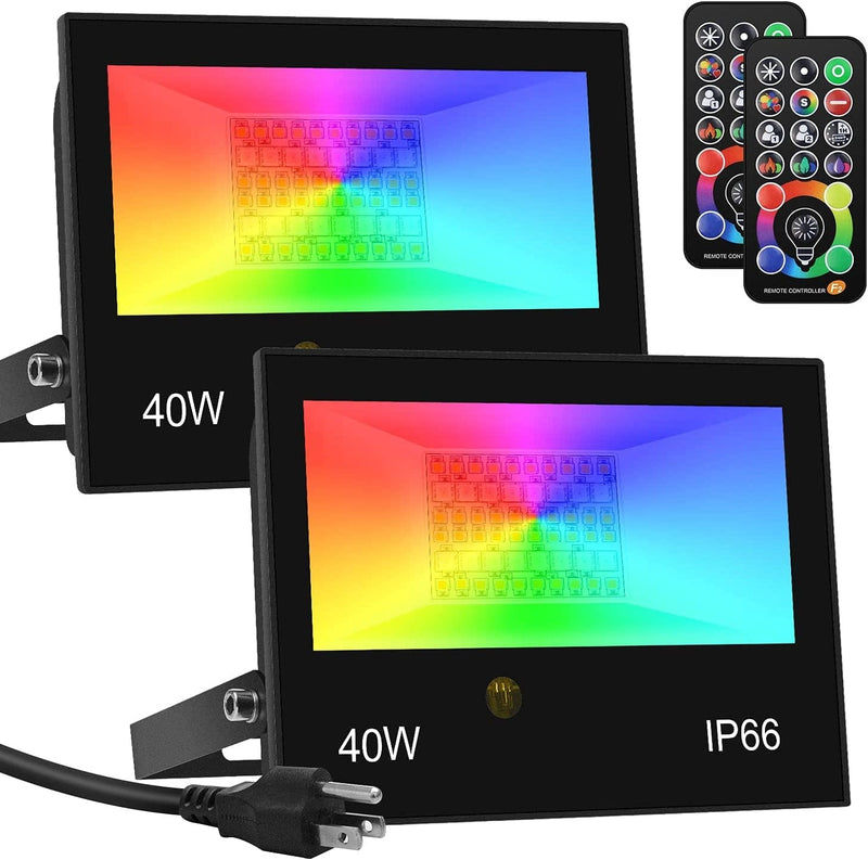 Remon 2PC LED Flood Light Outdoor Dimmable, 40W RGB Flood Lights Outdoor with IR Remote, Timing, Waterproof IP66, 4000LM 2700K 120 Colors, DIY Flash, 4 Modes, Flood Lights for Landscape Lighting Home & Garden > Lighting > Flood & Spot Lights Remon 2Pack  