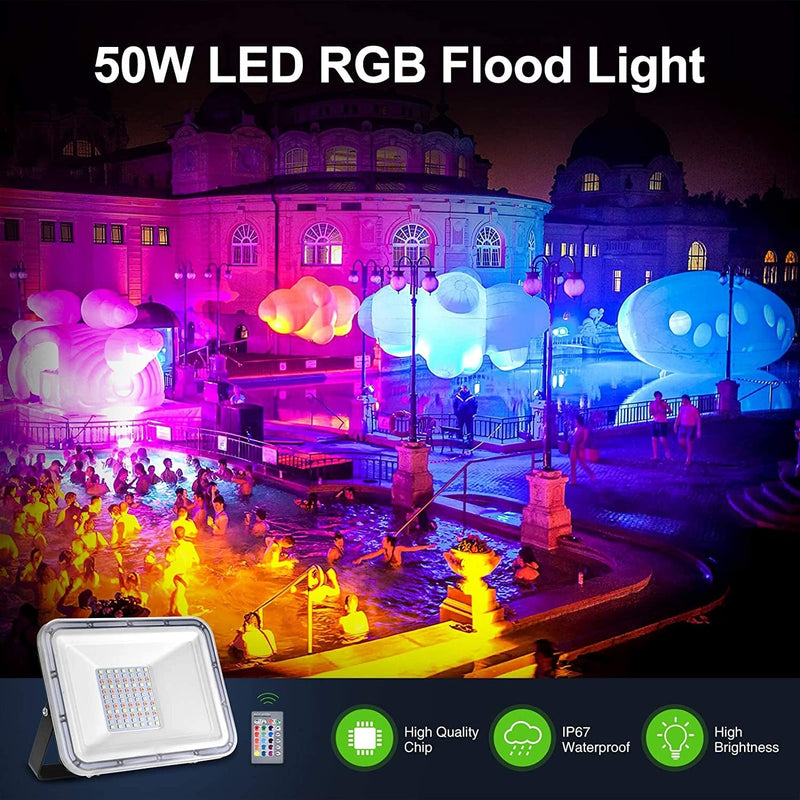 RGB LED Floodlight 50W with Remote Control IP67 Waterproof Indoor Outdoor Colour Floodlight Dimmable Colour Changing Decorative Landscape Garden Light for Christmas Party Wall Washing Birthday Stage Home & Garden > Lighting > Flood & Spot Lights Vankemon   