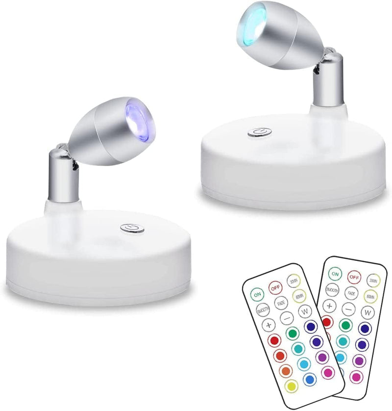 RGB Wireless Spotlight Indoor, Battery Operated Accent Lights, Indoor Mini Puck Light, Dimmable Uplight with Remote for Display Painting Picture Artwork Close Stick on Anywhere Wall Light 2 Pack Home & Garden > Lighting > Flood & Spot Lights KINDEEP 01  