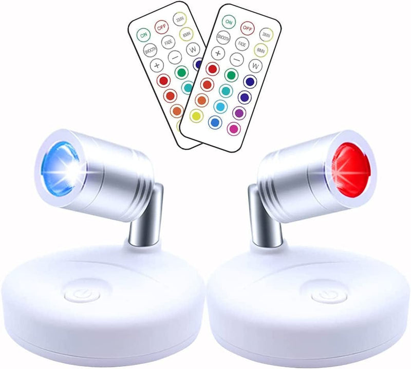 RGB Wireless Spotlight Indoor, Battery Operated Accent Lights, Indoor Mini Puck Light, Dimmable Uplight with Remote for Display Painting Picture Artwork Close Stick on Anywhere Wall Light 2 Pack Home & Garden > Lighting > Flood & Spot Lights KINDEEP 02  