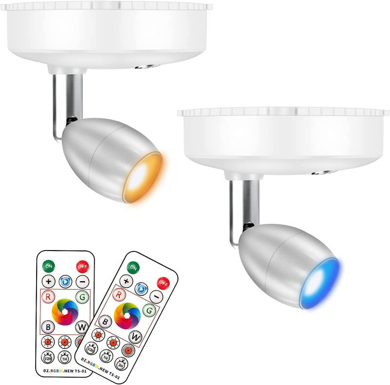 RGB Wireless Spotlight, LED Puck Light, Battery Operated Accent Lights with Remote, Dimmable Puck Light with Rotatable Light Head for Painting Picture Artwork Closet 2Pack (RGBW)
