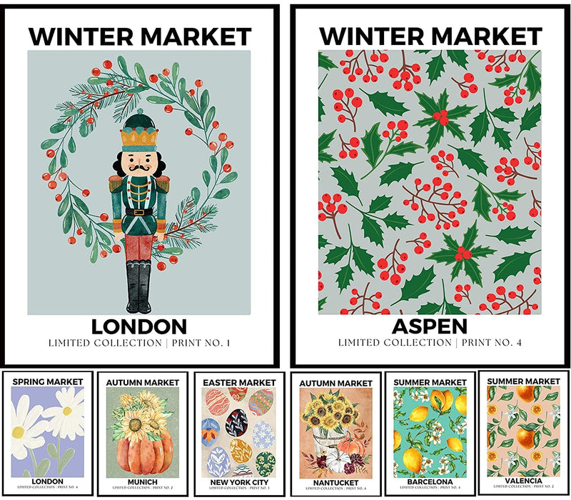 Roxbury Row Interchangeable Holiday Decor, Christmas Decorations for Home, Winter Decor and Summer Flower Market Poster, Spring Decor, Fall Decor, Easter Wall Art (Set of Four 2-Sided Unframed 12X16) Home & Garden > Decor > Seasonal & Holiday Decorations Roxbury Row Four Seasons: Set B  