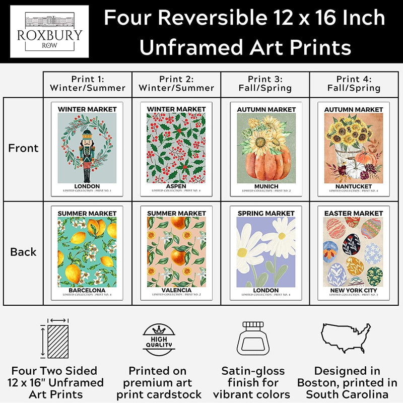 Roxbury Row Interchangeable Holiday Decor, Christmas Decorations for Home, Winter Decor and Summer Flower Market Poster, Spring Decor, Fall Decor, Easter Wall Art (Set of Four 2-Sided Unframed 12X16) Home & Garden > Decor > Seasonal & Holiday Decorations Roxbury Row   