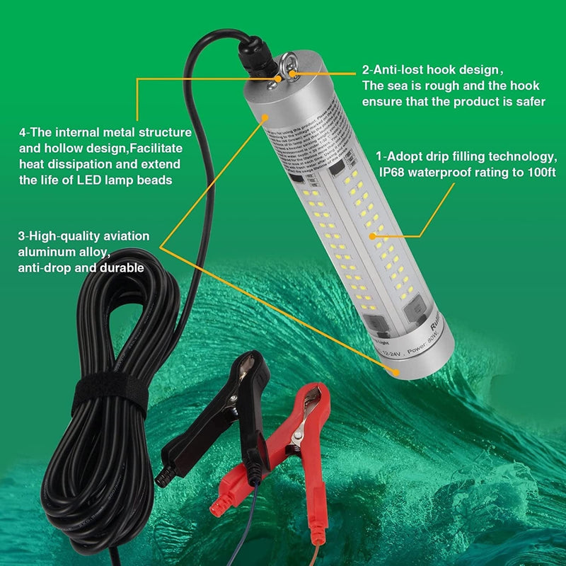 Rullpulu Underwater Fishing Lights, 30W 80W 150W Super Bright 3500 9600 20900 Lumens Premium Durable Aluminum DC12V-24V 20Ft 26Ft Power Cord Night Fish Bait LED Attractants Lamp