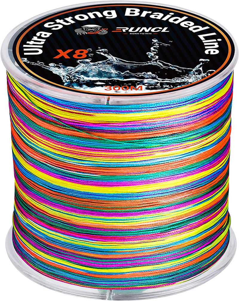 RUNCL Braided Fishing Line, 8 Strand Abrasion Resistant Braided Lines, Super Durable, Smooth Casting, Zero Stretch, Smaller Diameter, Rainbow Color for Extra Visibility, 328-1093 Yds, 12-100LB Sporting Goods > Outdoor Recreation > Fishing > Fishing Lines & Leaders RUNCL A - 328Yds/300M(8 Strands) 12LB(5.4kgs)/0.09mm/0.4