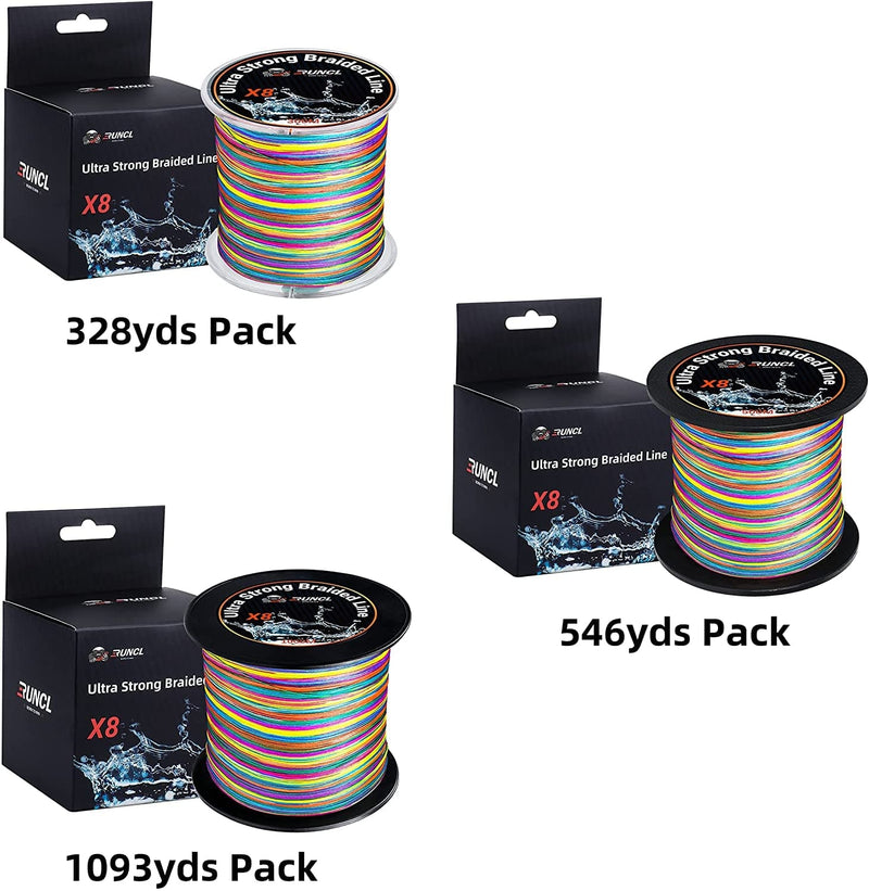 RUNCL Braided Fishing Line, 8 Strand Abrasion Resistant Braided Lines, Super Durable, Smooth Casting, Zero Stretch, Smaller Diameter, Rainbow Color for Extra Visibility, 328-1093 Yds, 12-100LB