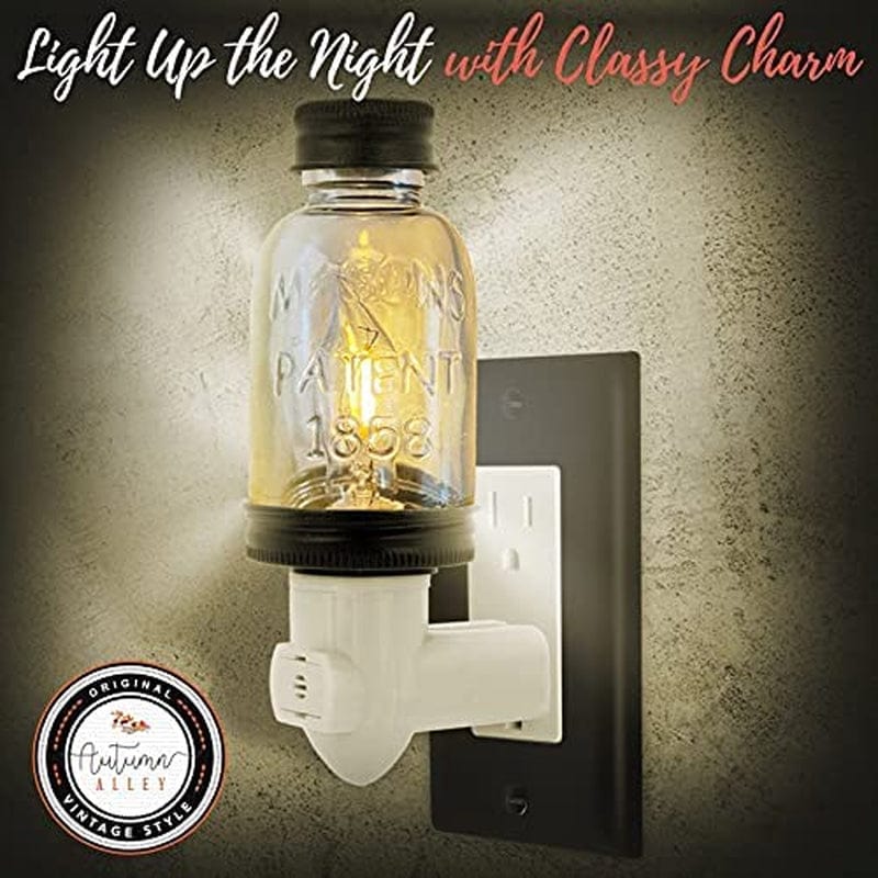 Rustic LED Mini Mason Jar Night Light in Black | Auto On/Off Sensor | Farmhouse Decor | Cute Country Nightlight | Energy Efficient LED Bulb | Timeless Design