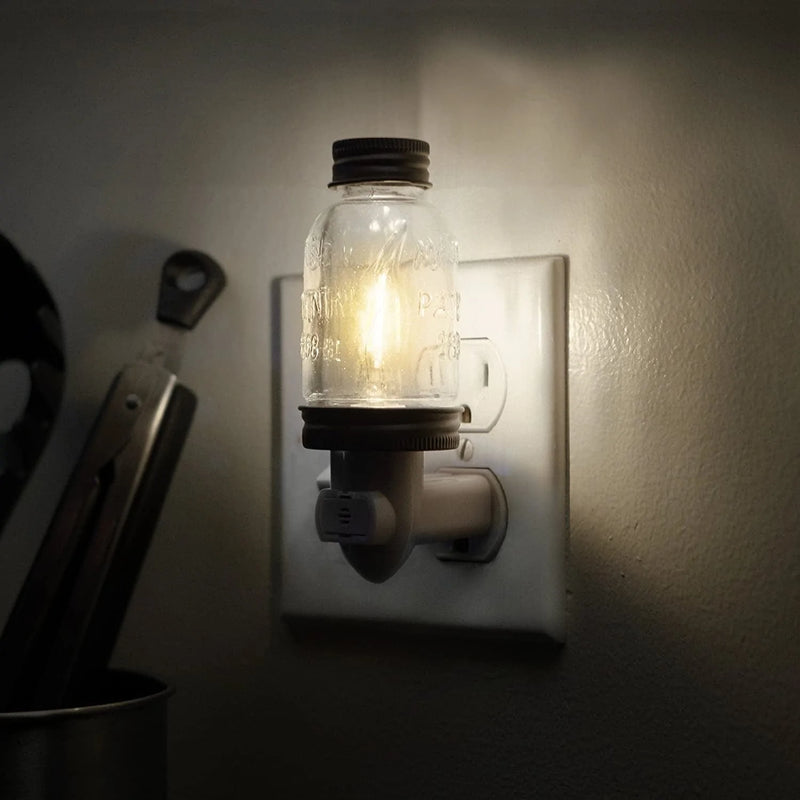 Rustic LED Mini Mason Jar Night Light in Bronze | Auto On/Off Sensor | Farmhouse Wall Decor | Cute Country Night Light | Energy Efficient LED Bulb | Timeless Design | Plug in Light Fixture for Home
