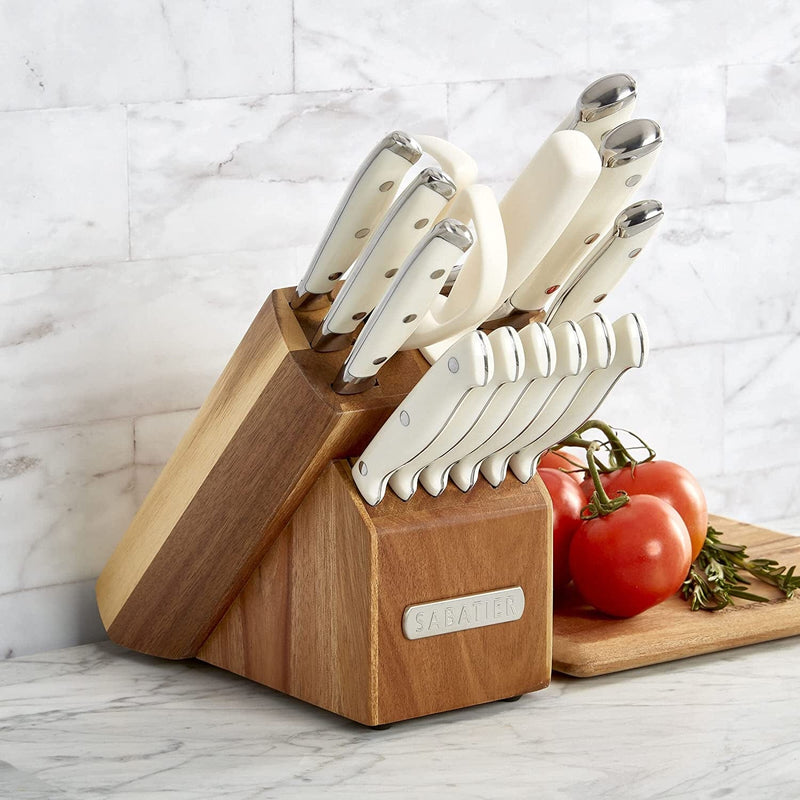 Sabatier 15-Piece Forged Triple Rivet Knife Block Set, High-Carbon Stainless Steel Kitchen Knives, Razor-Sharp Knife Set with Acacia Wood Block, White Handles