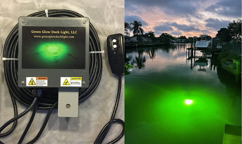 Saltwater Approved Barnacle Burner Underwater Fish Light, 250 Watt Extreme Brilliant Green 21,000 Lumens Single Dock Light 50' Marine Grade Lamp Cable, Automatic Dusk to Dawn, Easy Self Installation.