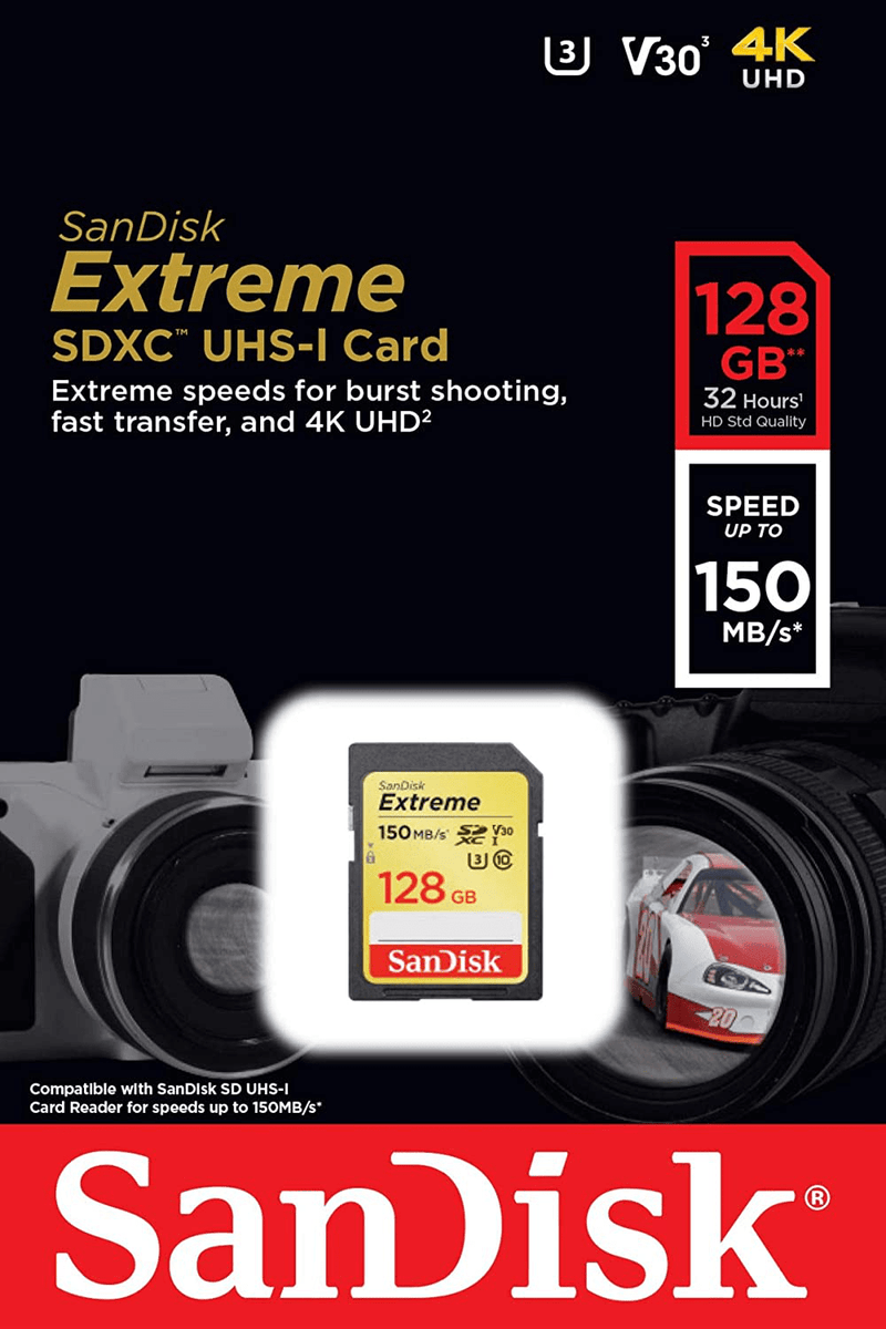 SanDisk 128GB Extreme SDXC UHS-I Card - C10, U3, V30, 4K UHD, SD Card - SDSDXV5-128G-GNCIN