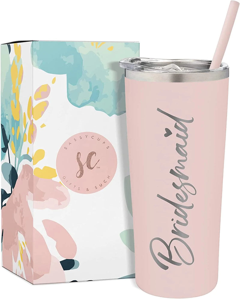 Sassycups Bridesmaid Tumbler | Engraved Vacuum Insulated Stainless Steel Cup with Straw for Bridesmaid Proposal | Will You Be My Bridesmaid | Newly Engaged Travel Mug | Bridal Party (22 Ounce, White) Home & Garden > Kitchen & Dining > Tableware > Drinkware BitzyPop Engraved  