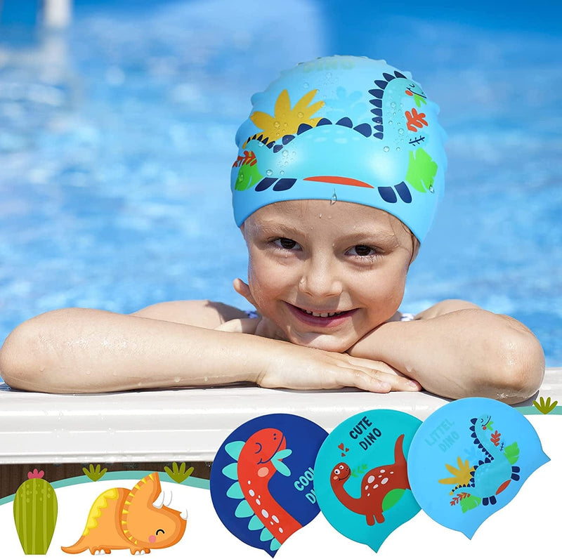 SATINIOR 3 Pieces Kids Dinosaur Swimming Cap Kids Fun Silicone Waterproof Bathing Caps Children Cute Cartoon Hats Children Comfortable Bathing Hat for Long and Short Hair Kids Boys Girls Toddler Sporting Goods > Outdoor Recreation > Boating & Water Sports > Swimming > Swim Caps SATINIOR   