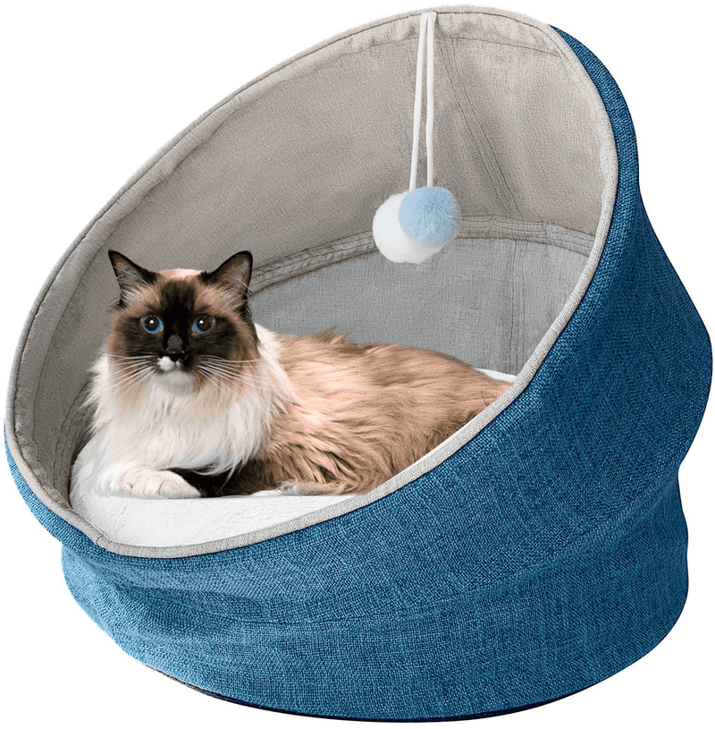 SAVFOX Cute Cat Bed Elevated Collapsible Covered Capsule Cave Tent, Self-Heated Removable Cushion Machine Washable Anti-Slip Bottom Bed House with Danging Cat Toy for Kitty Puppy Rabbit (18'' X 18'') Animals & Pet Supplies > Pet Supplies > Cat Supplies > Cat Beds SAVFOX Blue  
