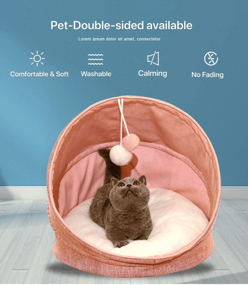 SAVFOX Cute Cat Bed Elevated Collapsible Covered Capsule Cave Tent, Self-Heated Removable Cushion Machine Washable Anti-Slip Bottom Bed House with Danging Cat Toy for Kitty Puppy Rabbit (18'' X 18'') Animals & Pet Supplies > Pet Supplies > Cat Supplies > Cat Beds SAVFOX   