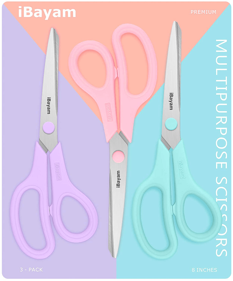 Scissors, iBayam 8" Multipurpose Scissors Bulk 3-Pack, Ultra Sharp Blade Shears, Comfort-Grip Handles, Sturdy Sharp Scissors for Office Home School Sewing Fabric Craft Supplies, Right/Left Handed