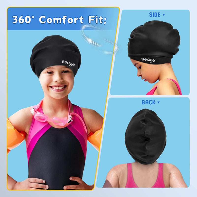 Seago Long Hair Swim Cap for Kids 6-14 Silicone Waterproof Swimming Cap for Girls Boys Sporting Goods > Outdoor Recreation > Boating & Water Sports > Swimming > Swim Caps Seago   