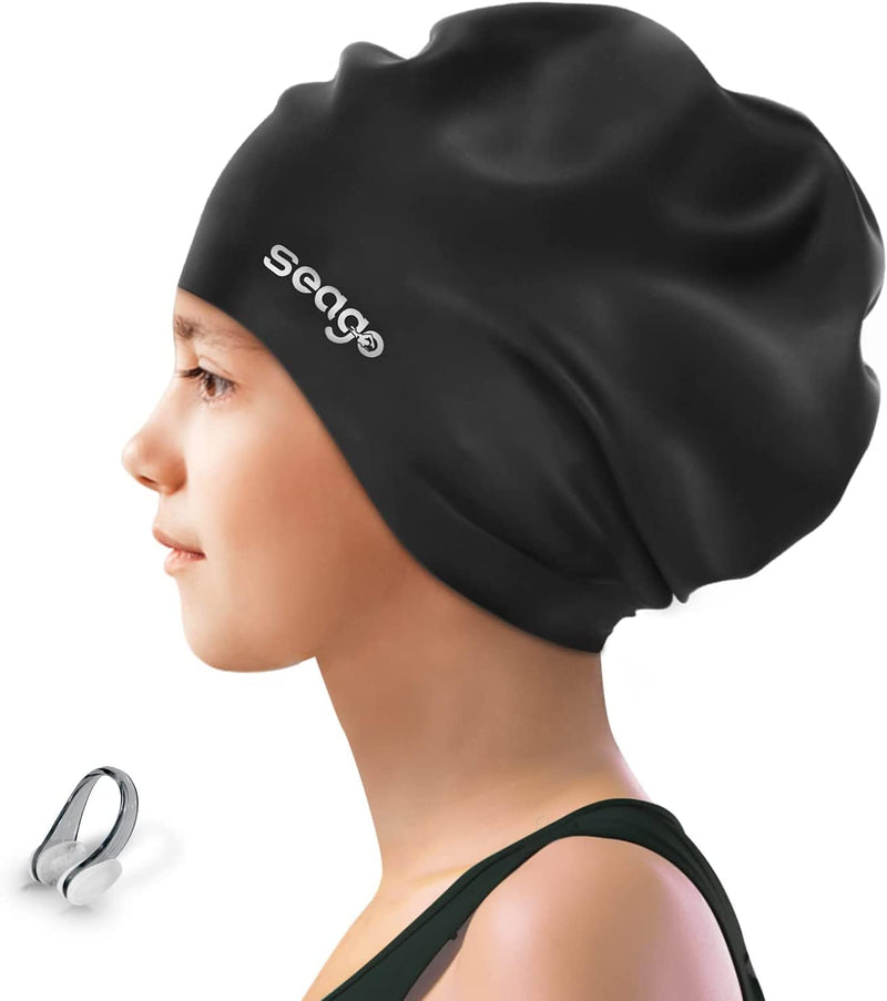 Seago Long Hair Swim Cap for Kids 6-14 Silicone Waterproof Swimming Cap for Girls Boys Sporting Goods > Outdoor Recreation > Boating & Water Sports > Swimming > Swim Caps Seago black  
