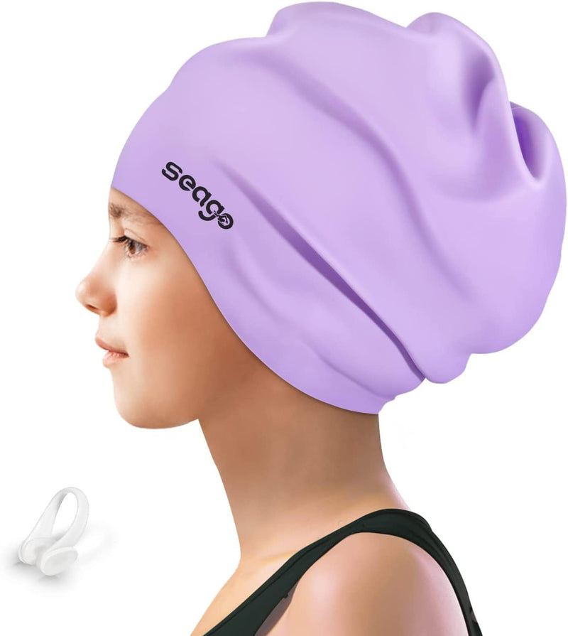 Seago Long Hair Swim Cap for Kids 6-14 Silicone Waterproof Swimming Cap for Girls Boys Sporting Goods > Outdoor Recreation > Boating & Water Sports > Swimming > Swim Caps Seago purple  