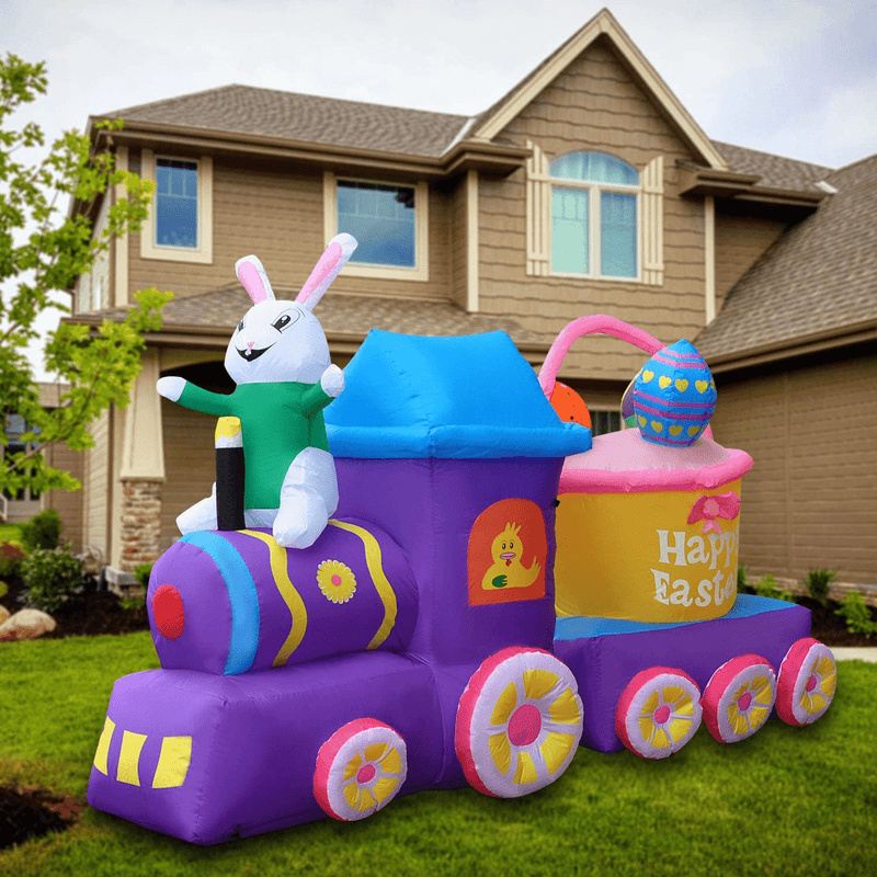 SEASONBLOW 7 FT Inflatable Easter Train with Bunny Basket Colorful Eggs Decorations for Yard Garden Lawn Indoors Outdoors Home Holiday