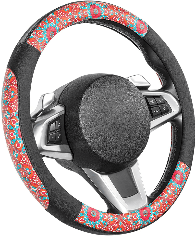 SEG Direct Black and Beige Microfiber Leather Auto Car Steering Wheel Cover Universal 15 inch Vehicles & Parts > Vehicle Parts & Accessories > Vehicle Maintenance, Care & Decor > Vehicle Decor > Vehicle Steering Wheel Covers SEG Direct Multicolor-Mandala Pattern Standard size[14 1/2''-15''] 