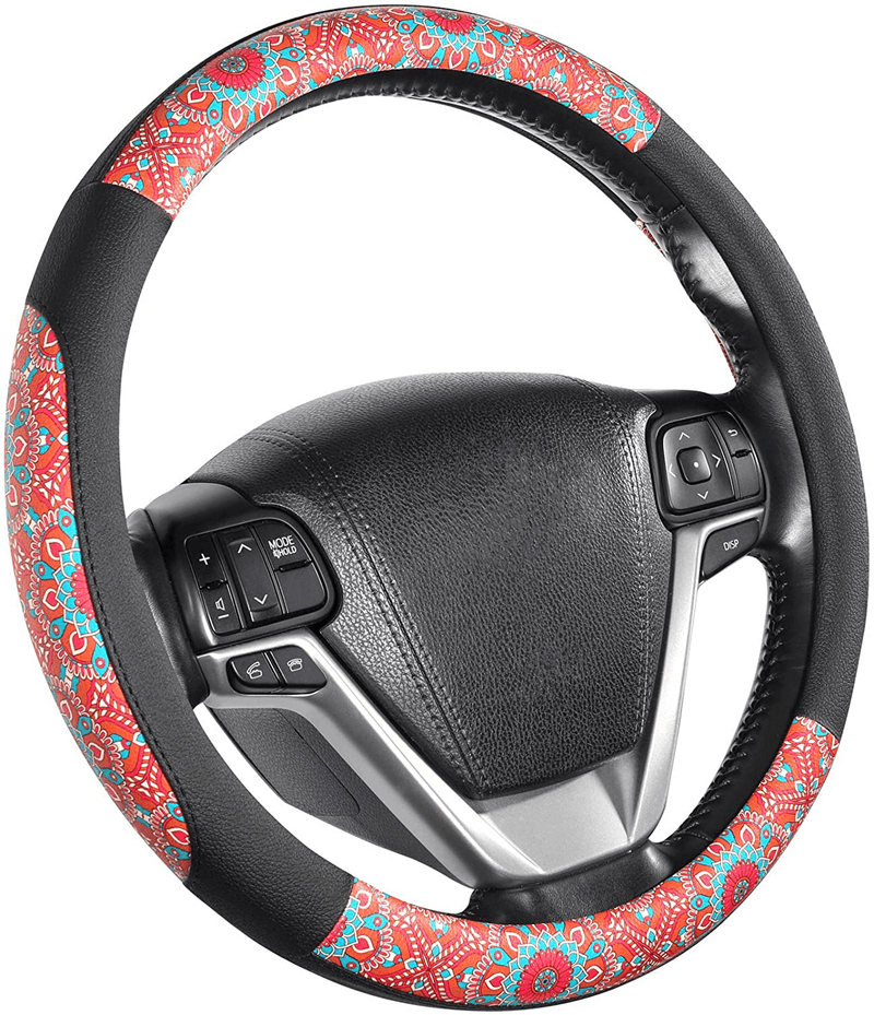 SEG Direct Black and Beige Microfiber Leather Auto Car Steering Wheel Cover Universal 15 inch Vehicles & Parts > Vehicle Parts & Accessories > Vehicle Maintenance, Care & Decor > Vehicle Decor > Vehicle Steering Wheel Covers SEG Direct Multicolor-Mandala Pattern Large size[15 1/2''-16''] 