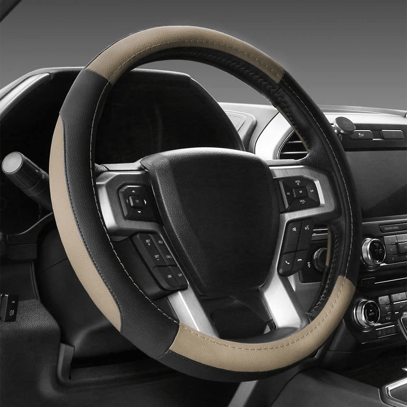 SEG Direct Black and Beige Microfiber Leather Auto Car Steering Wheel Cover Universal 15 inch Vehicles & Parts > Vehicle Parts & Accessories > Vehicle Maintenance, Care & Decor > Vehicle Decor > Vehicle Steering Wheel Covers SEG Direct Black and Beige Large size[15 1/2''-16''] 