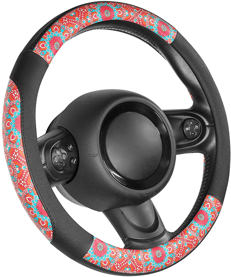 SEG Direct Black and Beige Microfiber Leather Auto Car Steering Wheel Cover Universal 15 inch Vehicles & Parts > Vehicle Parts & Accessories > Vehicle Maintenance, Care & Decor > Vehicle Decor > Vehicle Steering Wheel Covers SEG Direct Multicolor-Mandala Pattern Small size[14''-14 1/4''] 