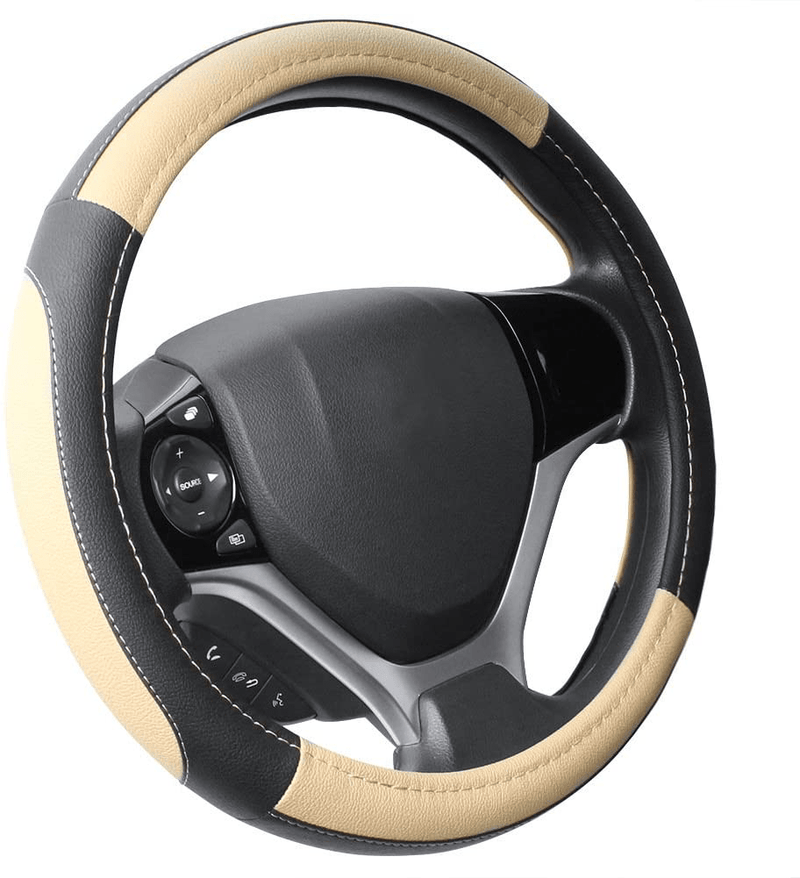 SEG Direct Black and Beige Microfiber Leather Auto Car Steering Wheel Cover Universal 15 inch Vehicles & Parts > Vehicle Parts & Accessories > Vehicle Maintenance, Care & Decor > Vehicle Decor > Vehicle Steering Wheel Covers SEG Direct Black and Beige Small size[14''-14 1/4''] 
