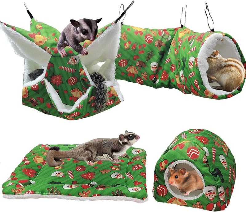 SEIS 4 Pcs Chritmas Sugar Glider Hanging Cage Accessories Set Xmas Small Animal Hammock Warm Guinea Pig Tunnel Nest Bed Mat for Hamster Rat Gerbil Squirrel Birds Parrot (Mat (1 Pcs))