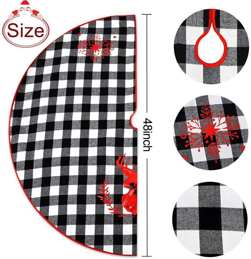 Senneny 48 Inch Buffalo Plaid Christmas Tree Skirt with Bells Elk Snowflake Pattern- Black White Buffalo Checked Tree Skirts Mat for Christmas Holiday Party Decorations - 4 ft Diameter