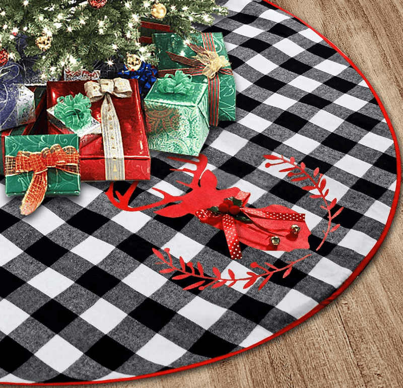 Senneny 48 Inch Buffalo Plaid Christmas Tree Skirt with Bells Elk Snowflake Pattern- Black White Buffalo Checked Tree Skirts Mat for Christmas Holiday Party Decorations - 4 ft Diameter Home & Garden > Decor > Seasonal & Holiday Decorations > Christmas Tree Skirts Senneny Black and White  
