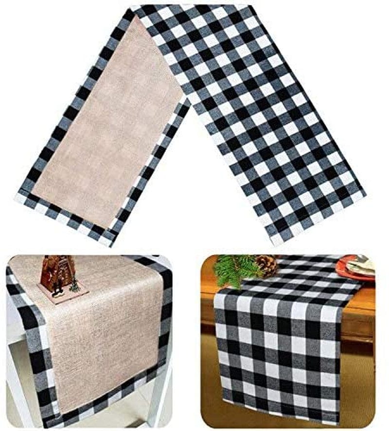Senneny Christmas Table Runner Burlap & Cotton Black White Plaid Reversible Buffalo Check Table Runner for Christmas Holiday Birthday Party Table Home Decoration, 14 X 72 Inch